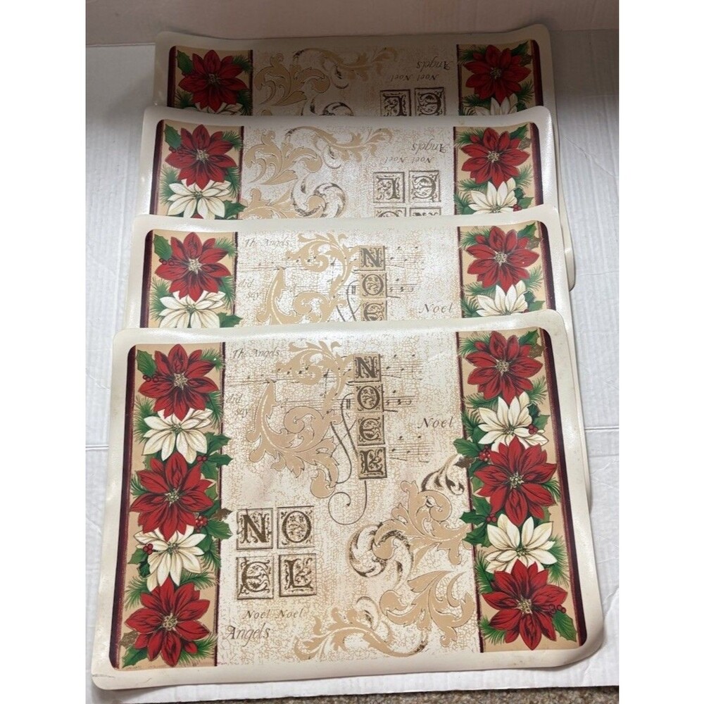 Holiday Time Christmas Poinsettia Vinyl Placemats Set of 4 13x18 Noel